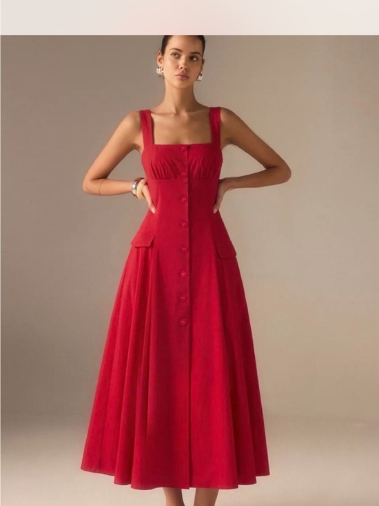 Commense Dresses & Skirts - Commense Red Button-Front Square-Neck Midi Dress